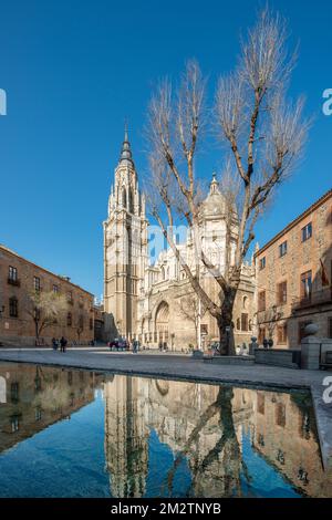 Fassade der Kathedrale von Toledo, Spanien und ein großer Baum mit Reflexion im Wasser eines dekorativen Brunnens an einem Wintertag mit klarem Himmel Stockfoto