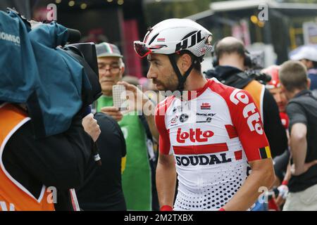 Belgischer Thomas De Gendt von Lotto Soudal, abgebildet in der achten Etappe des Radrennen Giro D'Italia 101., 239km vom Tortoreto Lido nach Pesaro, Italien, Samstag, 18. Mai 2019. BELGA FOTO YUZURU SUNADA FRANCE RAUS Stockfoto