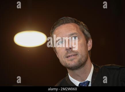 Rechtsanwalt Alexandre Wilmotte, Foto während des Assizes-Prozesses gegen fünf Männer, die wegen Mordes an Valentin Vermeersch vor dem Obersten Gericht in Lüttich angeklagt wurden, Dienstag, den 21. Mai 2019, in Lüttich. Der 18-jährige Vermeersch wurde in die Maas geworfen und starb durch Ertrinken, nachdem er in der Nacht vom 26. Und 27. März 2017 in Wanze gefoltert wurde. BELGA FOTO JOHN THYS Stockfoto