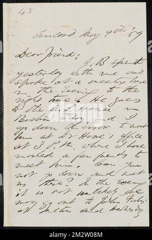 F. B. Sanborn autograph letter signed to [Thomas Wentworth Higginson], Concord, 9 May [18]59 , Abolitionists, United States, Antislavery movements, United States, History, 19th century, Harpers Ferry W. Va., History, John Brown's Raid, 1859, Brown, John, 1800-1859, Howe, S. G. Samuel Gridley, 1801-1876, Wasson, David Atwood, 1823-1887. John Brown- Correspondence relating to John Brown and the raid on Harpers Ferry Stock Photo