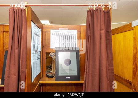 Illustration picture shows the touch screen of a computer for electronic voting, at a polling station in Koekelberg, Brussels, Sunday 26 May 2019. Belgium holds regional, federal and European elections on Sunday. BELGA PHOTO HATIM KAGHAT  Stock Photo