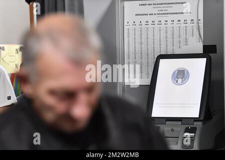Illustration picture shows the touch screen of a computer for electronic voting, at a polling station in Deurne, Antwerp, Sunday 26 May 2019. Belgium holds regional, federal and European elections on Sunday. BELGA PHOTO DIRK WAEM  Stock Photo