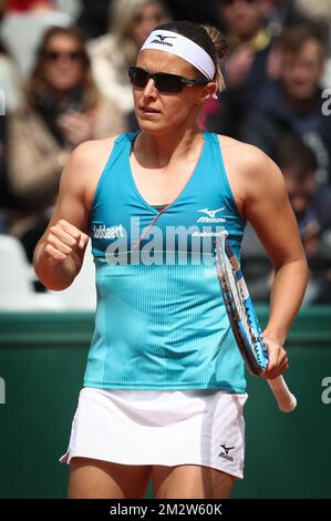 Belgian Kirsten Flipkens (WTA 64) celebrates during a tennis match against Puerto Rican Monica Puig (WTA 59), in the women's singles first round at the Roland Garros French Open tennis tournament, in Paris, France, Tuesday 28 May 2019. The main draw of this year's Roland Garros Grand Slam takes place from 26 May to 9 June. BELGA PHOTO VIRGINIE LEFOUR Stock Photo