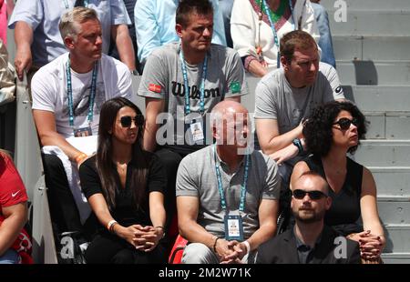 Goffin's coach Thomas Johansson, Goffin's girlfriend, Stephanie and Goffin's father Michel pictured during the match between David Goffin (BE) and Miomir Kecmanovic (SER), in the men's singles second round at the Roland Garros French Open tennis tournament, in Paris, France, Wednesday 29 May 2019. The main draw of this year's Roland Garros Grand Slam takes place from 26 May to 9 June. BELGA PHOTO VIRGINIE LEFOUR Stock Photo