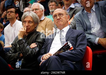 Lawyer Walter Van Steenbrugge and Oostende's Johan Vande Lanotte pictured during the basketball match between BC Oostende and Limburg United, Thursday 30 May 2019 in Oostende, first semi finals match in the playoffs of the 'EuroMillions League' Belgian first division basket competition. BELGA PHOTO KURT DESPLENTER Stock Photo