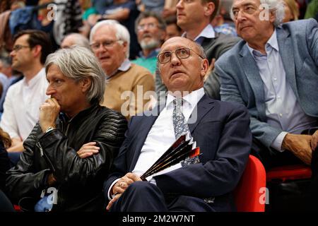 Lawyer Walter Van Steenbrugge and Oostende's Johan Vande Lanotte pictured during the basketball match between BC Oostende and Limburg United, Thursday 30 May 2019 in Oostende, first semi finals match in the playoffs of the 'EuroMillions League' Belgian first division basket competition. BELGA PHOTO KURT DESPLENTER Stock Photo