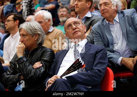 Lawyer Walter Van Steenbrugge and Oostende's Johan Vande Lanotte pictured during the basketball match between BC Oostende and Limburg United, Thursday 30 May 2019 in Oostende, first semi finals match in the playoffs of the 'EuroMillions League' Belgian first division basket competition. BELGA PHOTO KURT DESPLENTER Stock Photo