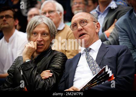 Lawyer Walter Van Steenbrugge and Oostende's Johan Vande Lanotte pictured during the basketball match between BC Oostende and Limburg United, Thursday 30 May 2019 in Oostende, first semi finals match in the playoffs of the 'EuroMillions League' Belgian first division basket competition. BELGA PHOTO KURT DESPLENTER Stock Photo