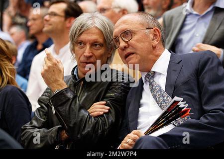 Lawyer Walter Van Steenbrugge and Oostende's Johan Vande Lanotte pictured during the basketball match between BC Oostende and Limburg United, Thursday 30 May 2019 in Oostende, first semi finals match in the playoffs of the 'EuroMillions League' Belgian first division basket competition. BELGA PHOTO KURT DESPLENTER Stock Photo