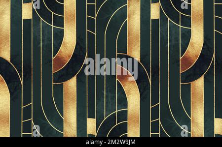 Moderne Tapeten im Wanddekor. 3D abstrakte, goldene Linien sowie Marmor- und Holzformen und schwarze Formen. Stockfoto