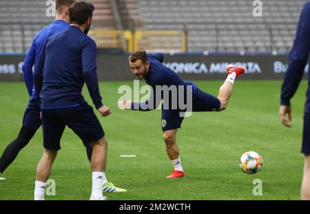 Der schottische Ryan Fraser wurde am Montag, den 10. Juni 2019 in Brüssel in einer Trainingseinheit der schottischen Fußballnationalmannschaft in Aktion gezeigt. Morgen trifft das Team die belgischen Red Devils in einem Qualifikationsspiel zur UEFA Euro 2020. BELGA PHOTO VIRGINIE LEFOUR Stockfoto