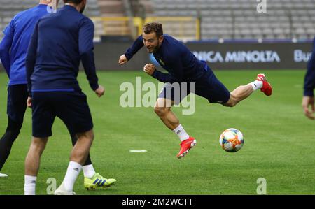 Der schottische Ryan Fraser wurde am Montag, den 10. Juni 2019 in Brüssel in einer Trainingseinheit der schottischen Fußballnationalmannschaft in Aktion gezeigt. Morgen trifft das Team die belgischen Red Devils in einem Qualifikationsspiel zur UEFA Euro 2020. BELGA PHOTO VIRGINIE LEFOUR Stockfoto