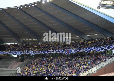 Schottische Fans wurden zu Beginn eines Fußballspiels zwischen der belgischen Nationalmannschaft Red Devils und Schottland am Dienstag, den 11. Juni 2019 in Brüssel, einem Qualifikationsspiel der UEFA Euro 2020, gezeigt. BELGA FOTO YORICK JANSENS Stockfoto