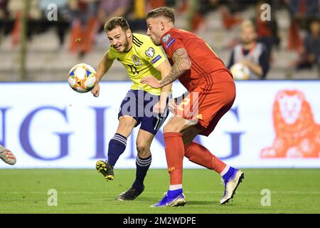 Scotland's Ryan Fraser and Belgium's Toby Alderweireld fight for the ball during a soccer game between Belgian national team the Red Devils and Scotland, Tuesday 11 June 2019 in Brussels, an UEFA Euro 2020 qualification game. BELGA PHOTO YORICK JANSENS Stock Photo