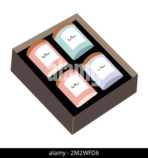 Collection of scented soy candles in gift box, perfumed candles in glass jars, vector illustration isolated on white background. Stock Vector