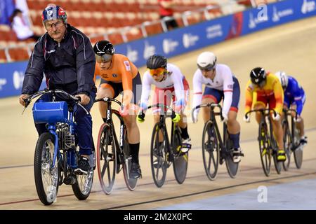 Das Bild zeigt die erste Runde der weiblichen Keirin-Leichtathletikveranstaltung bei den Europaspielen in Minsk, Belarus, Freitag, den 28. Juni 2019. Die zweite Ausgabe der „Europäischen Spiele“ findet vom 21. Bis 30. Juni in Minsk, Belarus, statt. Belgien stellt 51 Sportler aus 11 Sportarten vor. BELGA FOTO DIRK WAEM Stockfoto