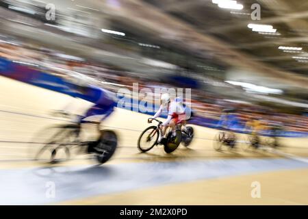 Das Bild zeigt die erste Runde der weiblichen Keirin-Leichtathletikveranstaltung bei den Europaspielen in Minsk, Belarus, Freitag, den 28. Juni 2019. Die zweite Ausgabe der „Europäischen Spiele“ findet vom 21. Bis 30. Juni in Minsk, Belarus, statt. Belgien stellt 51 Sportler aus 11 Sportarten vor. BELGA FOTO DIRK WAEM Stockfoto