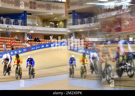 Das Bild zeigt die erste Runde der weiblichen Keirin-Leichtathletikveranstaltung bei den Europaspielen in Minsk, Belarus, Freitag, den 28. Juni 2019. Die zweite Ausgabe der „Europäischen Spiele“ findet vom 21. Bis 30. Juni in Minsk, Belarus, statt. Belgien stellt 51 Sportler aus 11 Sportarten vor. BELGA FOTO DIRK WAEM Stockfoto