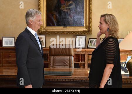 King Philippe - Filip of Belgium and Flemish Minister of Housing, Poverty, Domestic Policy, Integration, Equal Opportunities and Social Economy Liesbeth Homans pictured during the oath ceremony of Homans as new Minister President of the Flemish government, Tuesday 02 July 2019, in Brussels. Homans succeeds Bourgeois who was elected as member of the European parliament at the European elections of May 26. BELGA PHOTO ERIC LALMAND  Stock Photo