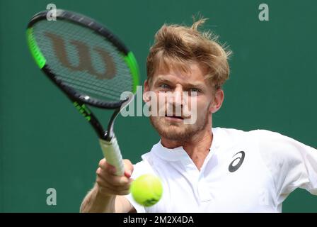 Belgian David Goffin plays a forehand at the game between French Jeremy Chardy (ATP 81) and Belgian David Goffin (ATP 23) in the men's singles second round at the 2019 Wimbledon grand slam tennis tournament at the All England Tennis Club, in south-west London, Britain, Wednesday 03 July 2019. BELGA PHOTO BENOIT DOPPAGNE  Stock Photo