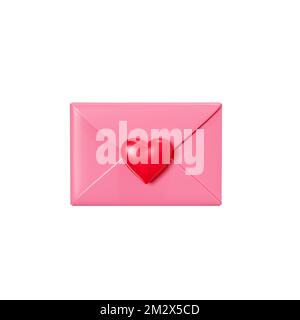 Love Letter 3D Render – geschlossener rosafarbener Umschlag mit rotem Herz, isoliert auf Weiß. Stockfoto