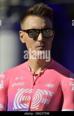 Italienischer Alberto Bettiol von EF Education First Pro Cycling, dargestellt während der Teampräsentation am Grand Place - Grote Markt in Brüssel, für die 106.. Ausgabe des Radrennen Tour de France, Donnerstag, den 04. Juli 2019. Die diesjährige Tour de France beginnt in Brüssel und findet vom 6.. Juli bis 28.. Juli statt. BELGA FOTO YORICK JANSENS Stockfoto