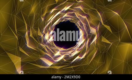 Abstraktes 3D-Portal. Tunnel oder Wurmloch. Digitaler gelber Hintergrund mit verbundenen blauen Punkten. 3D-Rendering Stockfoto
