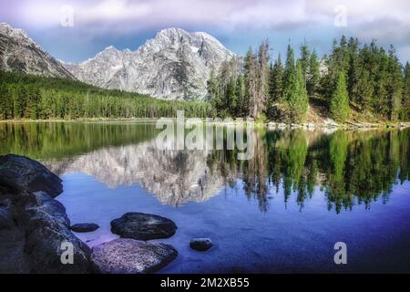 Mount Moran spiegelt sich in Leigh Lake im Grand Teton National Park. Wyoming. Stockfoto