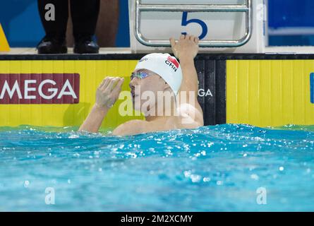 Melbourne, Australien. 14.. Dezember 2022. Qin Haiyang aus China reagiert nach dem Halbfinale der Männer 100m beim FINA World Swimming Championships (25m) 2022 in Melbourne, Australien, 16. 14. Dezember 2022. Kredit: Hu Jingchen/Xinhua/Alamy Live News Stockfoto