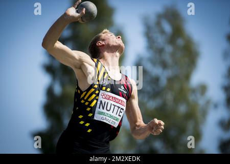 Der belgische Jean-Baptiste Nutte zeigte sich am dritten Tag der Europameisterschaft der Leichtathletik U23, Samstag, den 13. Juli 2019 in Gavle, Schweden, in Aktion beim Shot Put-Turnier des Zehnkampfes der Männer. BELGA FOTO JASPER JACOBS Stockfoto