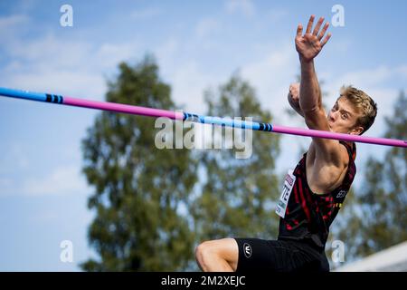 Der belgische Jean-Baptiste Nutte wurde während des High-Jump-Wettkampfs der Männer im Zehnkampf am dritten Tag der Europameisterschaft U23 in Gavle, Schweden, am Samstag, den 13. Juli 2019 in Aktion gezeigt. BELGA FOTO JASPER JACOBS Stockfoto