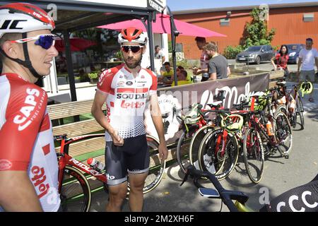 Belgischer Jasper De Buyst von Lotto Soudal und belgischer Thomas De Gendt von Lotto Soudal, abgebildet am ersten Ruhetag der 106.. Ausgabe des Radrennen Tour de France in Albi, Dienstag, den 16. Juli 2019 in Frankreich. Die diesjährige Tour de France beginnt in Brüssel und findet vom 6.. Juli bis 28.. Juli statt. BELGA FOTO YORICK JANSENS Stockfoto