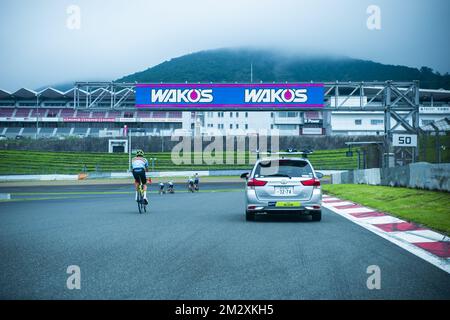 Die Abbildung zeigt die Rennstrecke „Fuji Speedway“ während der Vorbereitungen für die Olympiatestveranstaltung „Ready Steady Tokyo - Cycling“ am Sonntag, Freitag, den 19. Juli 2019 in Tokio. BELGA FOTO ROB WALKERS Stockfoto