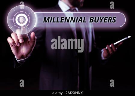 Schreiben mit Text Millennial Buyers. Geschäftsansatz Art der Verbraucher, die an Trendanalysen für Produkte interessiert sind Stockfoto