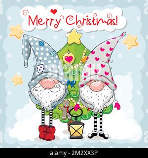 Weihnachtskarte mit zwei niedlichen Gnomen und Baum auf blauem Hintergrund. Vektordarstellung Stock Vektor