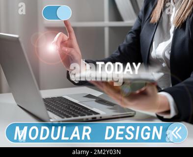 Inspiration mit dem Schild „Modulares Design“. Geschäftsidee Produktkonstruktion zur Herstellung eines Produkts durch Integration oder Kombination unabhängiger Teile Stockfoto