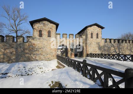 Zum UNESCO-Weltkulturerbe gehörendes römisches Fort Saalburg im Winter mit Schnee, Fort, Limetten, historischem, römischem, Taunus, Hessen, Deutschland Stockfoto