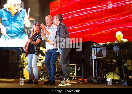 Roger Glover, bassist, Ian Gillan, vocalist and Simon McBride, lead guitarist and Don Airey, keyboardist Stock Photo