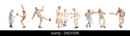 Collage. Stilvolle Senioren, Männer und Frauen in Vintage-Kleidung, die isoliert auf weißem Hintergrund tanzen Stockfoto