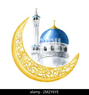 Islamische Dekorationskarte mit arabischer Moschee, Halbmond, ramadan-Karäem-Konzept, muharram. Handgezeichnete Aquarelldarstellung, isoliert auf weiß b Stockfoto