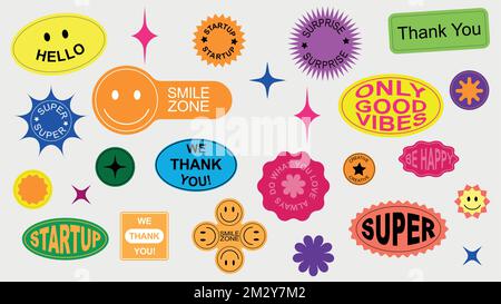 Großes Set, moderne, niedliche, lächelnde Cartoon-Schriftzug in Form eines Stikers. Stock Vektor