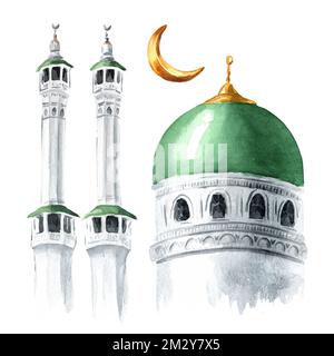 Islamische Moschee-Elemente. Handgezeichnete Aquarelldarstellung, isoliert auf weißem Hintergrund Stockfoto