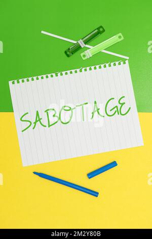 Inspiration mit Zeichen-Sabotage. Geschäftsansatz Zerstörung von Werkzeugen und Materialien eines Arbeitgebers durch Arbeitnehmer Stockfoto