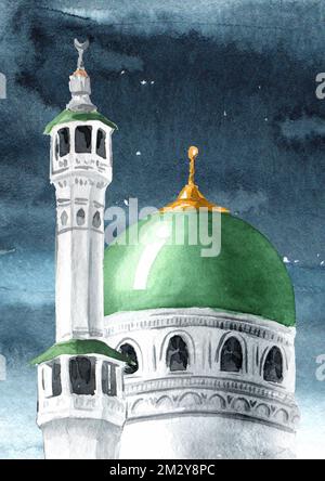 Islamische Moschee, ramadan-Karäm-Konzept, muharram. Handgezeichnete Aquarelldarstellung, isoliert auf weißem Hintergrund Stockfoto