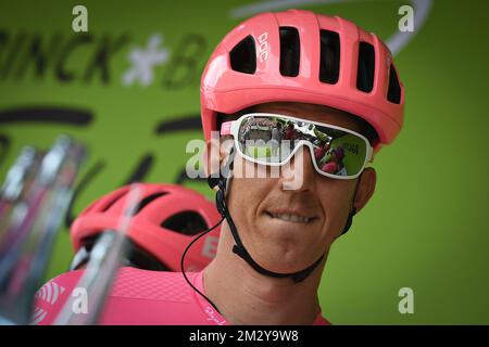 Belgischer September Vanmarcke von EF Education First Pro Cycling, dargestellt zu Beginn der dritten Etappe des BinckBank Tour Radrennen, von und nach Aalter (166,9 km), Mittwoch, 14. August 2019. BELGA FOTO DAVID STOCKMAN Stockfoto