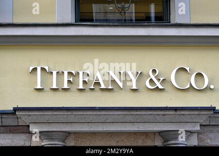 Logo des Unternehmens TIFFANY & CO Perusstr., München, Bayern, Deutschland Stockfoto