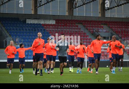 Antwerpens Geoffry Hairemans wurde während eines Trainings der belgischen Fußballmannschaft Royal Antwerpen FC in Pilsen, Tschechische Republik, am Mittwoch, den 14. August 2019, gezeigt. Morgen spielt Antwerpen den tschechischen Verein Viktoria Plzen, der in der dritten Qualifikationsrunde der UEFA Europa League zurückkehrt. Die erste Etappe endete mit einem Sieg von 1-0 für Antwerpen. BELGA PHOTO VIRGINIE LEFOUR Stockfoto