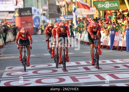 Team Sunweb Riders in der ersten Etappe der 2019 Ausgabe des Radrennen „Vuelta a Espana“, Tour of Spain, ein 13,4km Team-Time-Test in Salinas de Torrevieja, Spanien, Samstag, 24. August 2019. BELGA FOTO YUZURU SUNADA Stockfoto