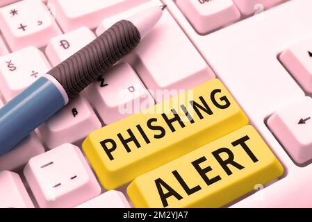 Konzeptionelle Beschriftung Phishing-Alarm. Ein Wort, das in Kenntnis des betrügerischen Versuchs, an vertrauliche Informationen zu gelangen, geschrieben wurde Stockfoto