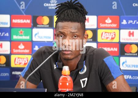 Simon Deli des Vereins wurde auf einer Pressekonferenz des belgischen Fußballteams Club Brügge am Dienstag, den 27. August 2019 in Brügge zur Vorbereitung des morgigen Rückspiels gegen den österreichischen Verein LASK Linz in den Play-offs der UEFA Champions League gezeigt. BELGA FOTO BRUNO FAHY Stockfoto